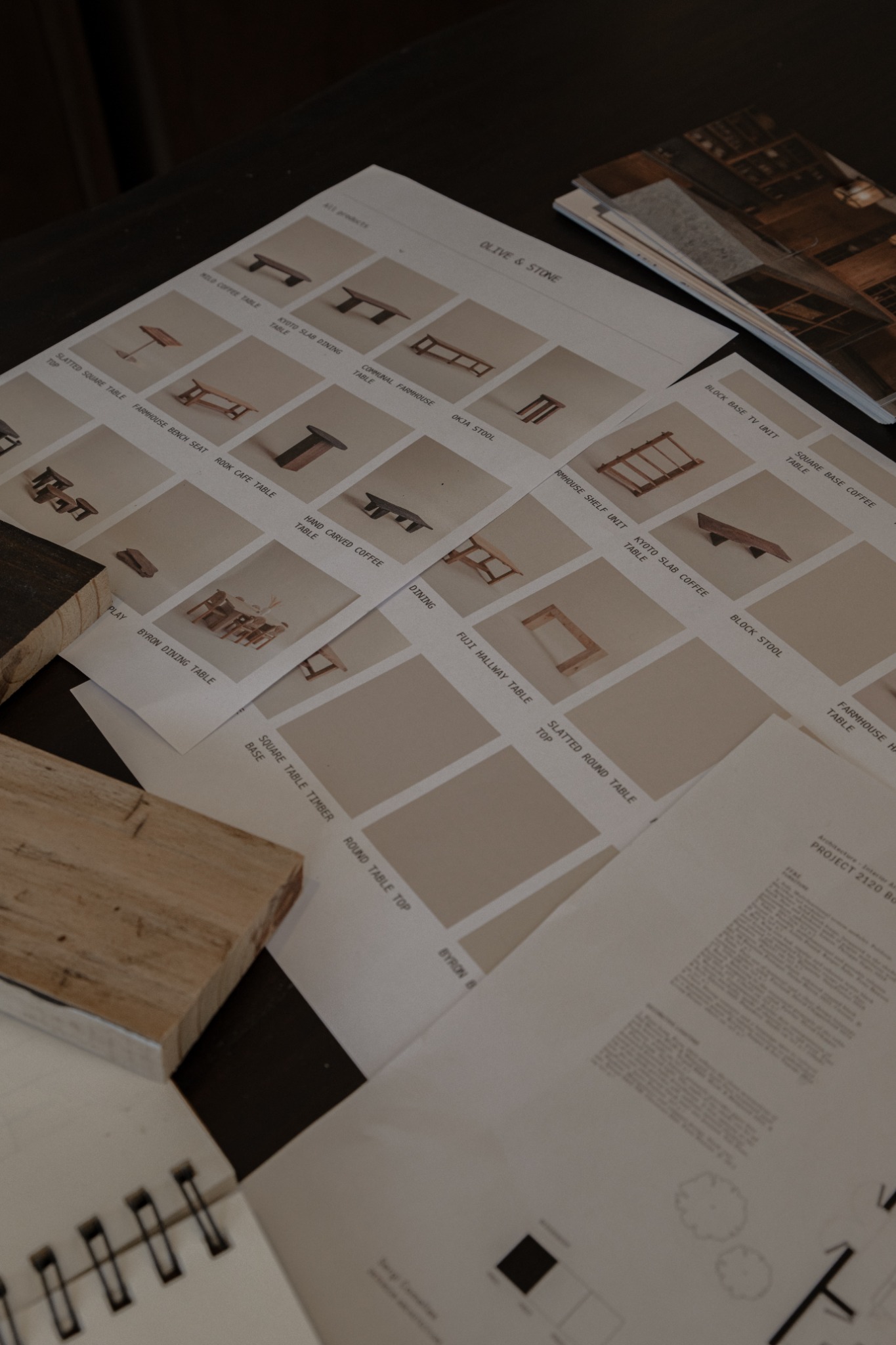 Olive & Stone furniture catalogue, timber samples and design sketches